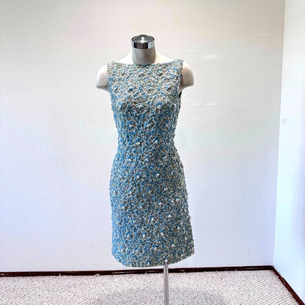 Royal Cathay Vintage Powder Blue Knit Floral Sequin Beaded Dress Size Small